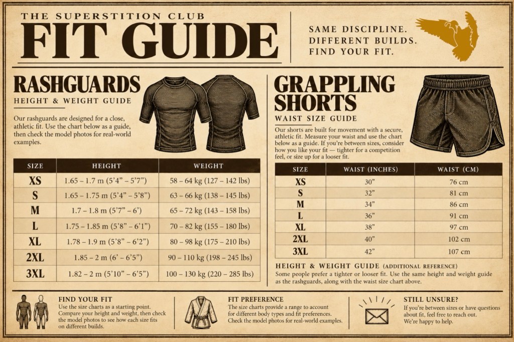 The exact approved vintage parchment Fit Guide artwork for rashguards and grappling shorts, including the supplied quail logo and sizing tables.